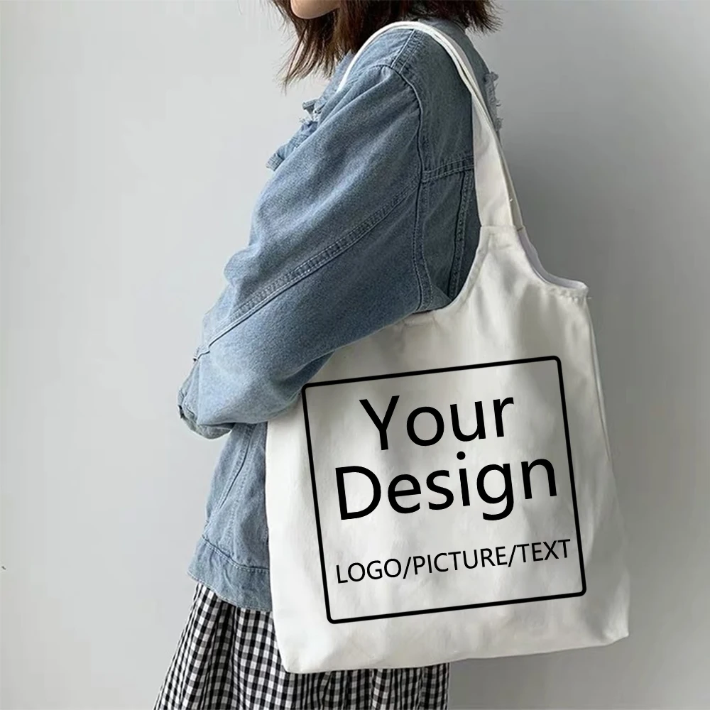 

Custom Shopping Bags with Logo Tote Bag Canvas Shopper Bag Design Your Own Text Printed Original Hasp Unisex Travel Shoulder Bag