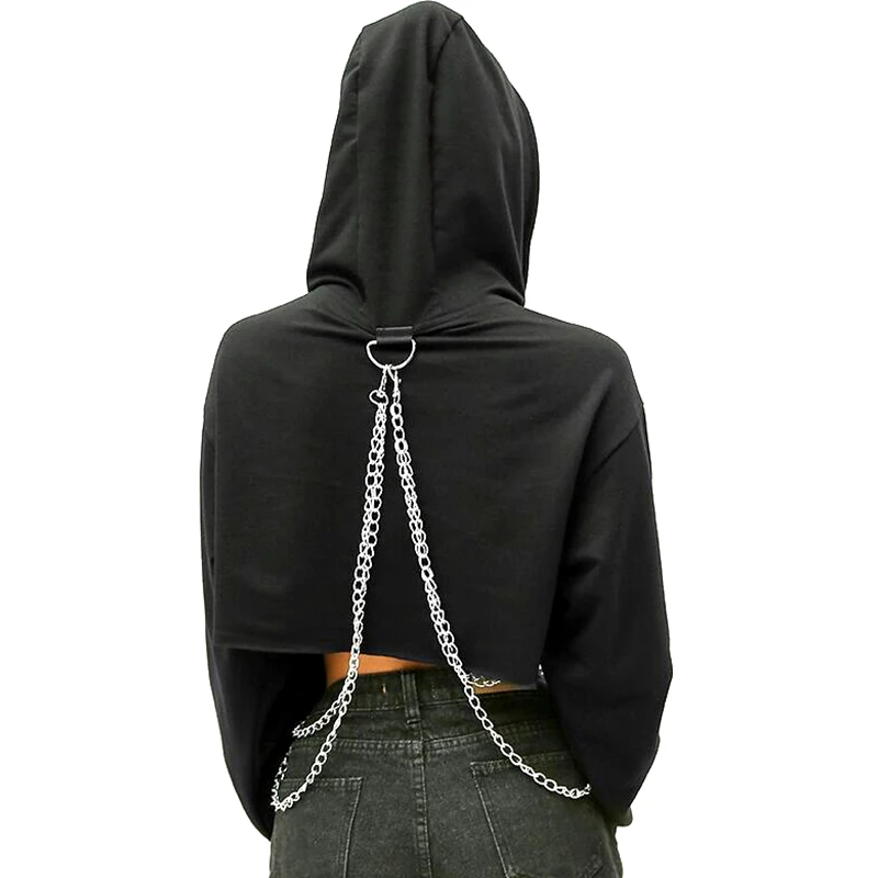 Women Hoodies Autumn Hip Hop Long Sleeve Cute Solid Color Off-Shoulder Casual Loose Hooded Short Sweatshirt With Metal Chain
