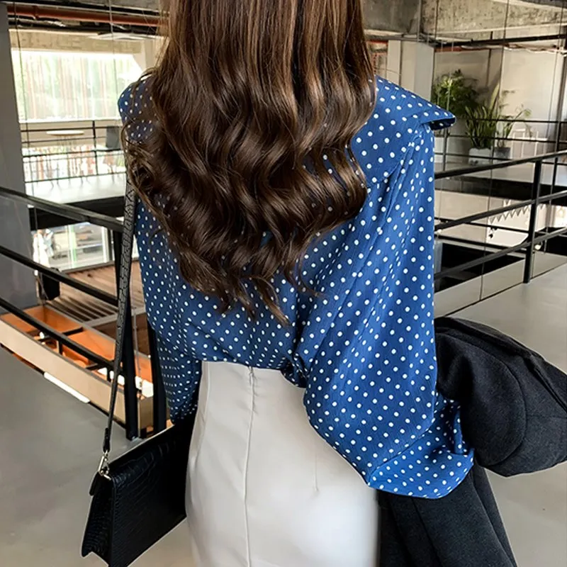 Women Elegant Blouse Long Sleeve Top Cartoon Dot Print Vintage Blouses Doll Collar Single-breasted Loose Clothing #25 | Женская одежда