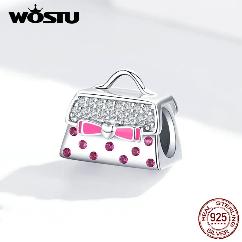 WOSTU модная 925 пробы Серебряная ручная сумка бусины розовый циркон Подвески с бантиком подходит браслет кулон девушки ювелирные изделия FIC1391