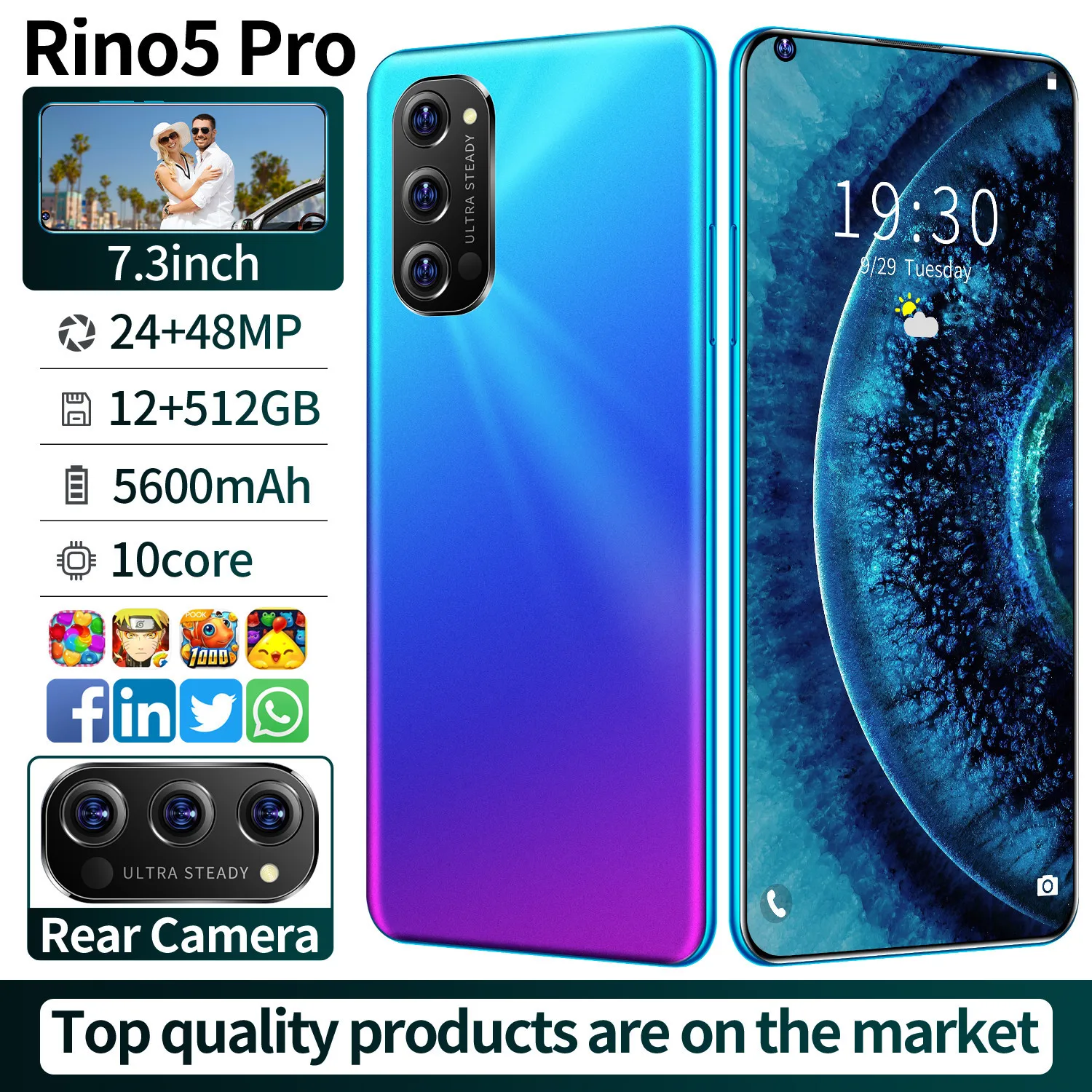 

Rino5 Pro 7.3Inch 12GB 512GB Smartphones 24MP+48MP Android 10 5600mAh Ten Core Really MTK6889 5G Dual SIM Global Version Cell