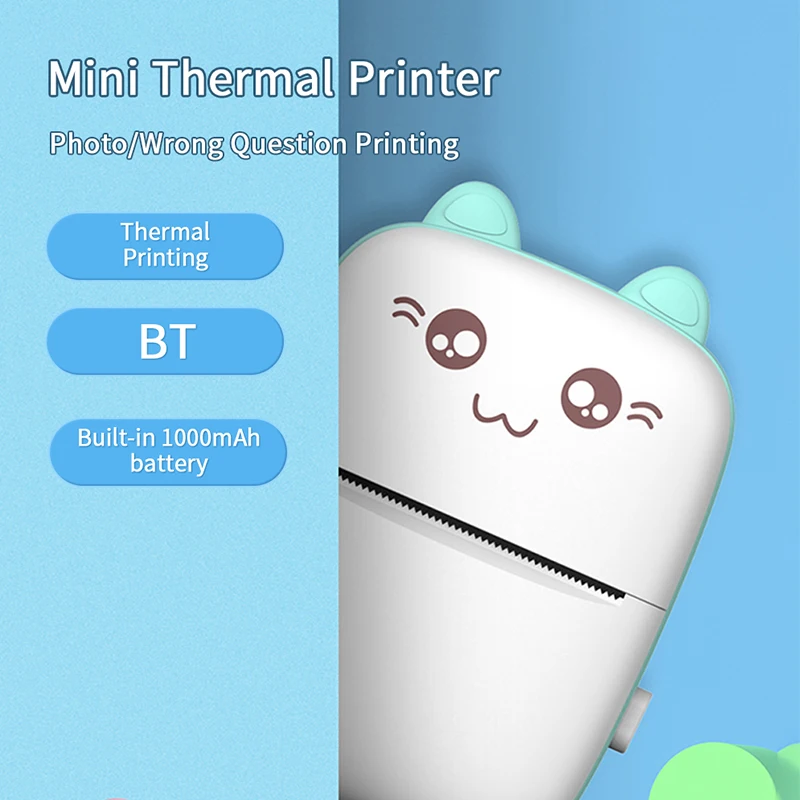 Портативный термальный мини-принтер с принтом кошки стикер цветная бумага