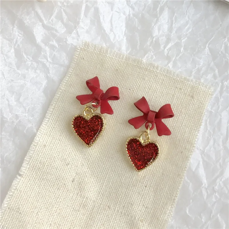 Изысканные серьги-подвески в виде сердца, корейские модные красные серьги-бантики, серьги-капельки с кристаллом Bijoux boucle d'oreille Girl