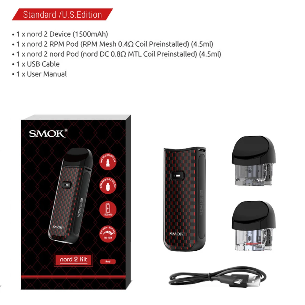 Испаритель электронной сигареты SMOK Nord 2 в наличии 40 Вт емкость 4 5 мл 1500 мА · ч