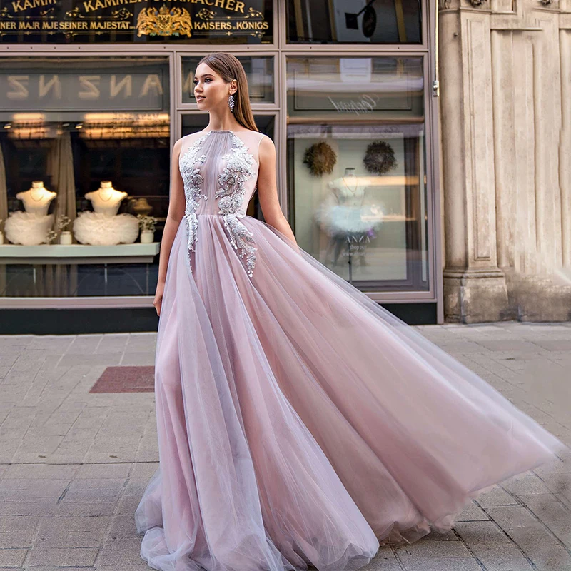 

New Arrival Sweetheart Evening Dresses 2021 A-Line O-Neck Sleeveless Illusion Handmade Flowers For Women Party