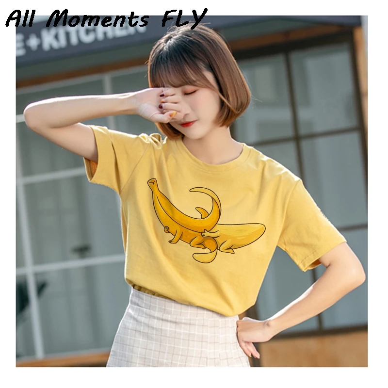 

2021 Summer Harajuku Kawaii Banana T Shirt Shy Anime Tshirt Streetwear Fashion T-shirt Yellow White O-neck T-shirt Hipster Shirt