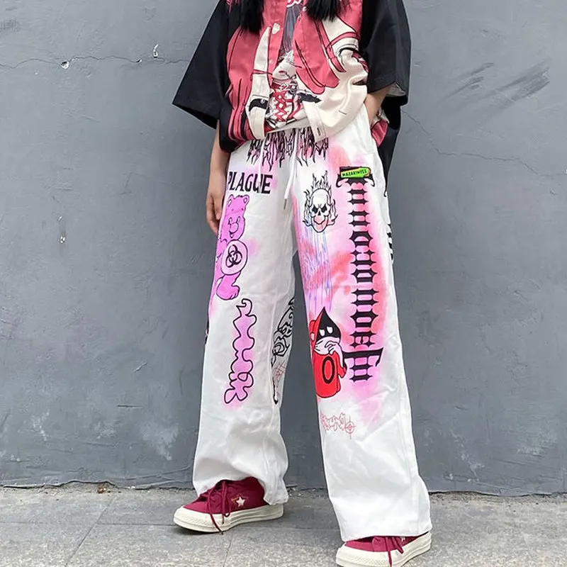 

QWEEK Oversize Y2K Hippie Print Palazzo Pants Women 90s Aesthetic Cartoon Anime Trousers Women Graffiti Wide Leg Pants Women
