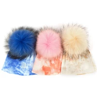 winter lovely toddler cotton soft skull cap 15cm real fur pompom beanie warm tie dye hat autumn ribbed hats for newborn baby