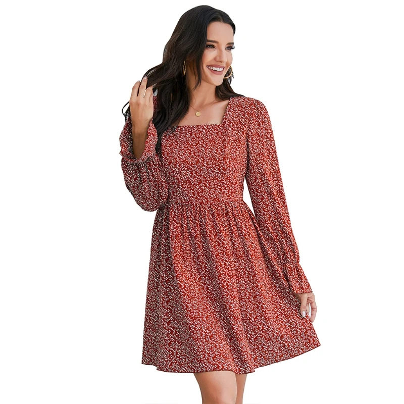 

Women Autumn Long Sleeve Sexy Square Neck Midi Swing A-Line Dress Vintage Floral Print Flared Hem High Waist Beach Party BX0A