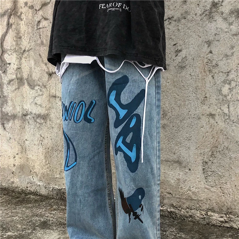 

CHICEVER Casual Print Denim Pant For Women High Waist Full Length Hit Color Straight Loose Jeans Females Summer Fashion 2021 New