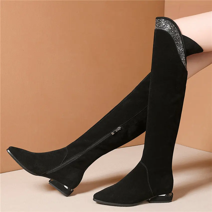 Women Black Genuine Leather Pointed Toe Straight Over The Knee High Boots Low Heel Winter Warm Rivets Studs Oxfords Casual Shoes