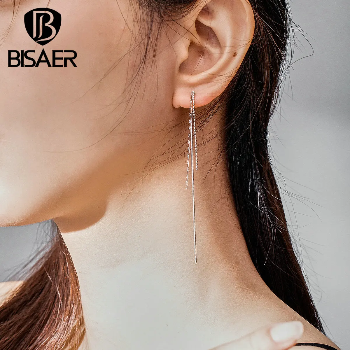 Простые серьги, BISAER, 925 пробы, серебряная кисточка, длинная цепочка, женские серьги-гвоздики, простой стиль, Стерлинговое Серебро, ювелирное изделие ECE790