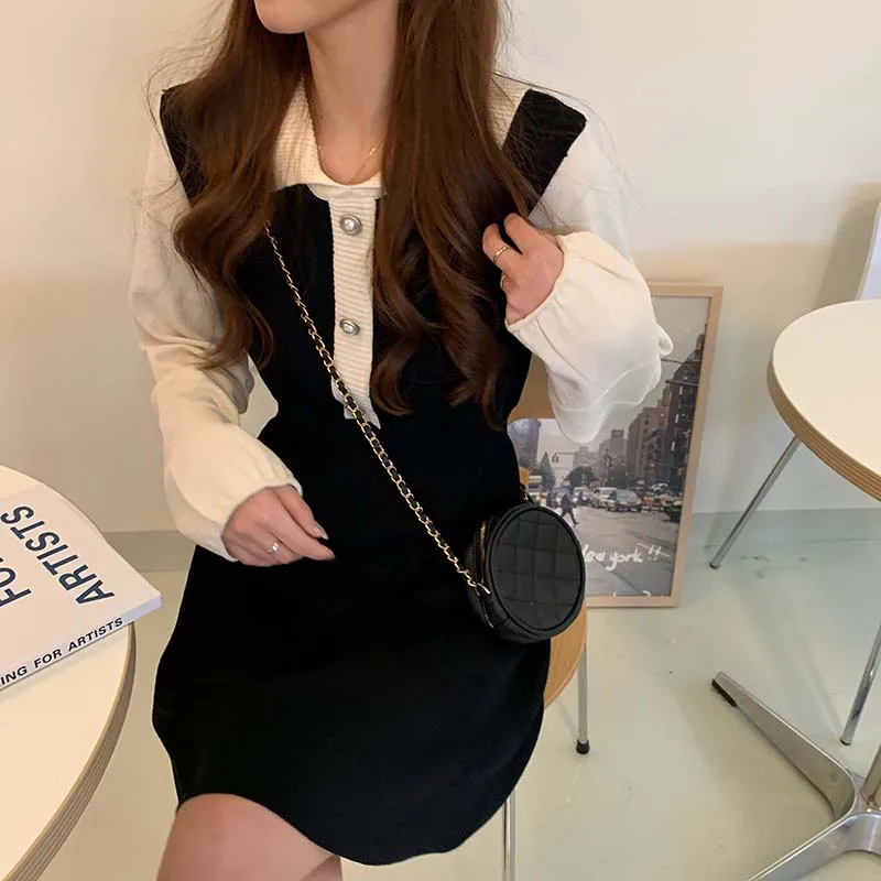 

One Piece Korean Long Sleeve Dress 2020 Autumn Winter French Sweet Lovely Sweater Dress Women Vintage Patchwork Mini Knit Dress