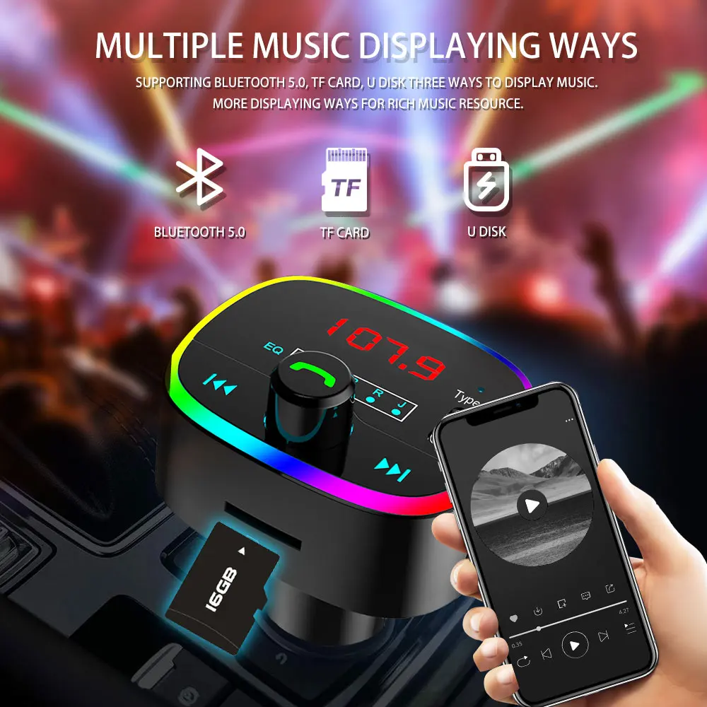 

Quick Dual USB Charger Bluetooth 5.0 Handsfree Car RGB 2.1A Light TF Card U Disk Auto Music Transmitter LCD Digital Voltmeter