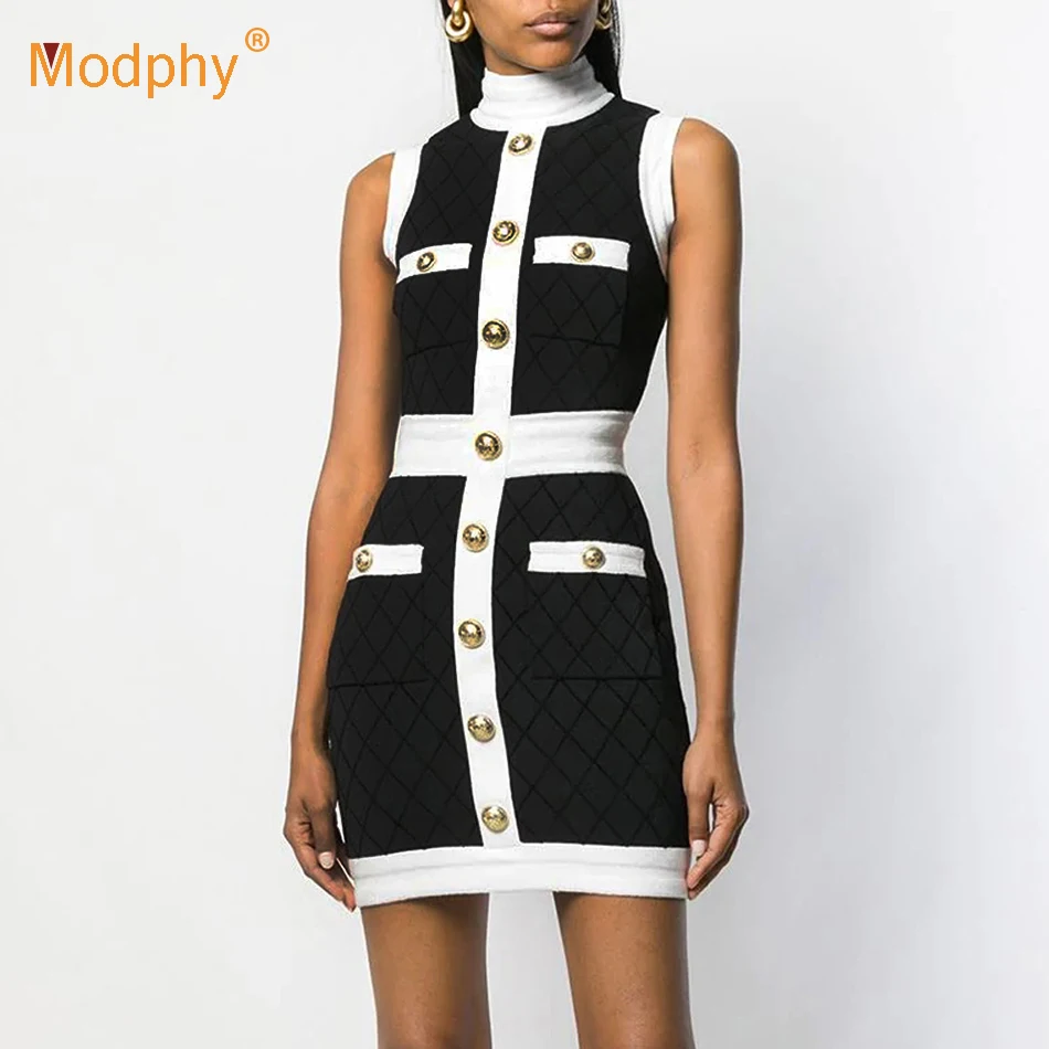Женское Бандажное платье без рукавов черно-белое облегающее на пуговицах молнии