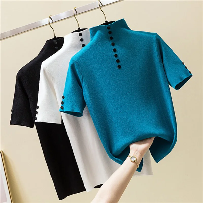 LJSXLS 2022 Summer Knitted Button Sweater Women Turtleneck Short Sleeve Slim Solid Womens Sweaters Ladies Pullover Pull Femme | Женская