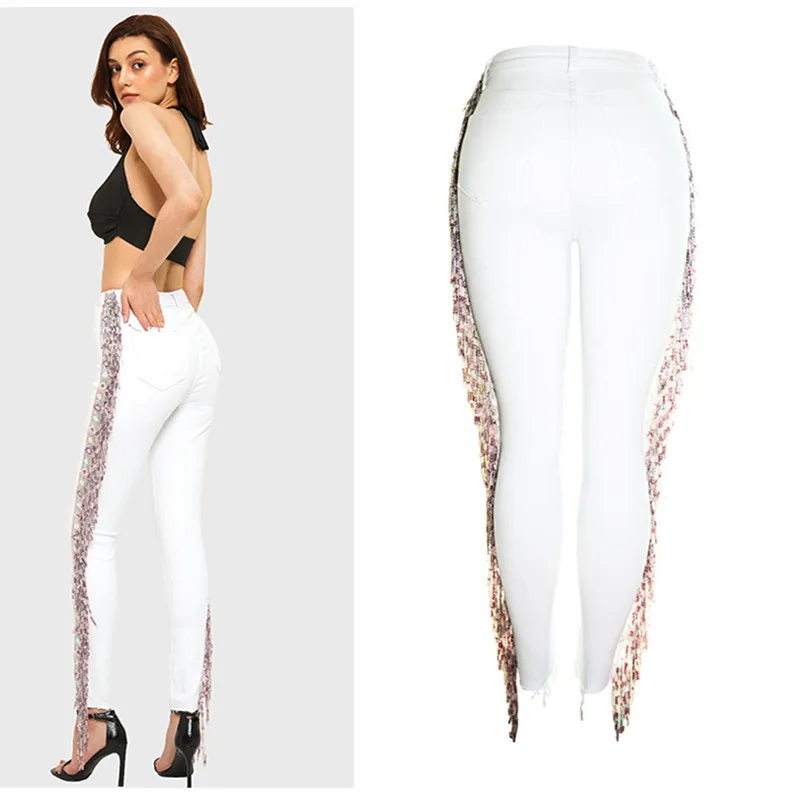 Женские белые джинсы с завышенной талией Осенние узкие блестками р9062 | Женская