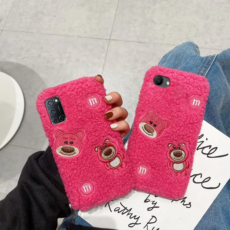 

For OPPO Realme C2 C3 C11 C15 7 6 5 I X7 X50 X2 Pro XT Reno 5 5G 4 3 2 2Z 2F 10X Zoom Fluffy Plush Fur Rose Red Bear Case Fundas
