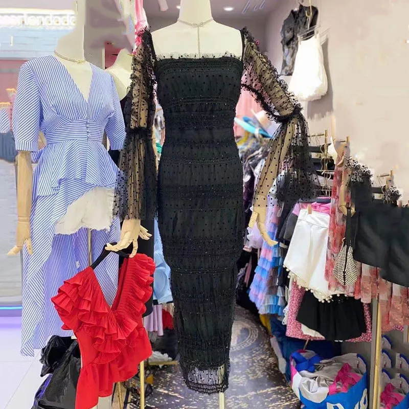 

SeeBeautiful Dot Printed Loose Dress square collar flare Sleeve Stitching Woman Summer 2021 New Fashion E652