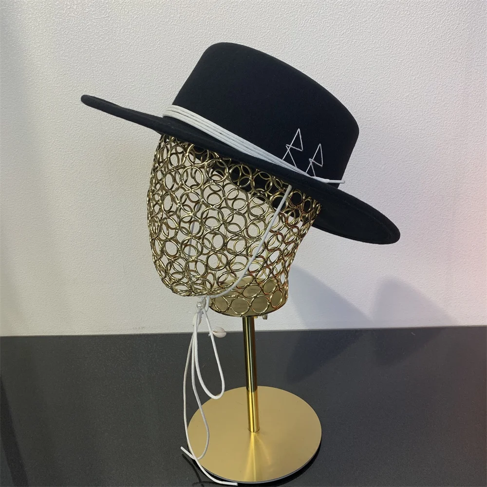 

Autumn And Winter Women Lady Brand Designers Retro Wide Brim Floppy Panama Hat Metal Chain Buckle Wool Fedora Hat