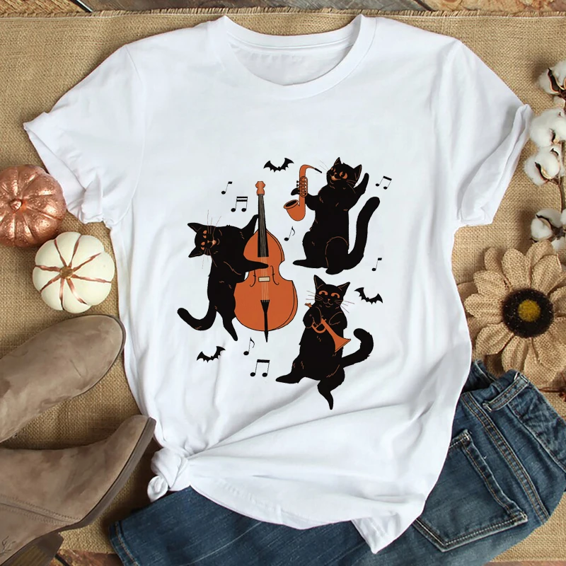 

Цветная музыкальная футболка для Хэллоуина с котами, забавная футболка с котами для игры в музыку, топ, жуткая кошка, для влюбленных, праздни...