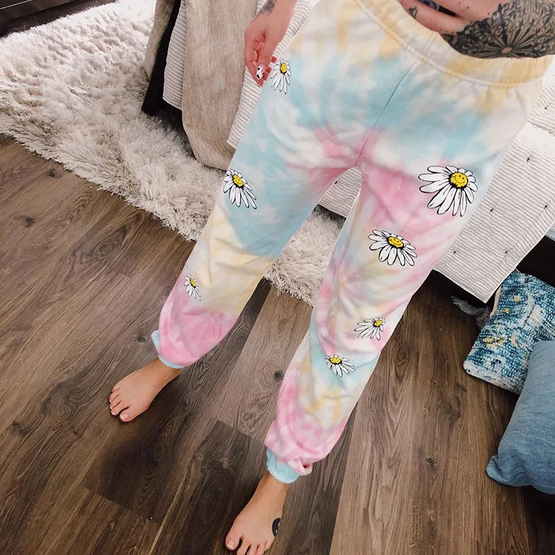 

Newon floral & tie dye print elastic waist banded leggings long pants streetwear women pocket trousers jogger sweatpants