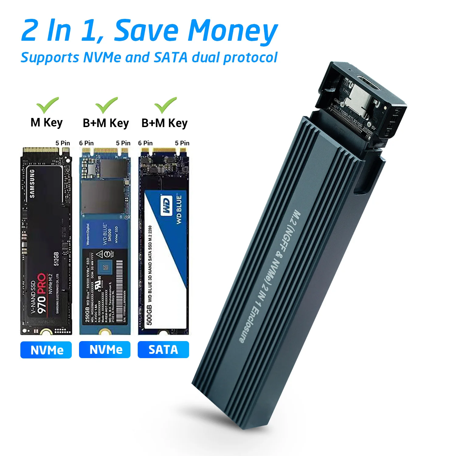 Чехол для M2 SSD, футляр NVME M.2 на USB 3,1, адаптер SSD с OTG для NVME PCIE NGFF SATA M/B Key 2230/2242/2260/2280, двойной протокол