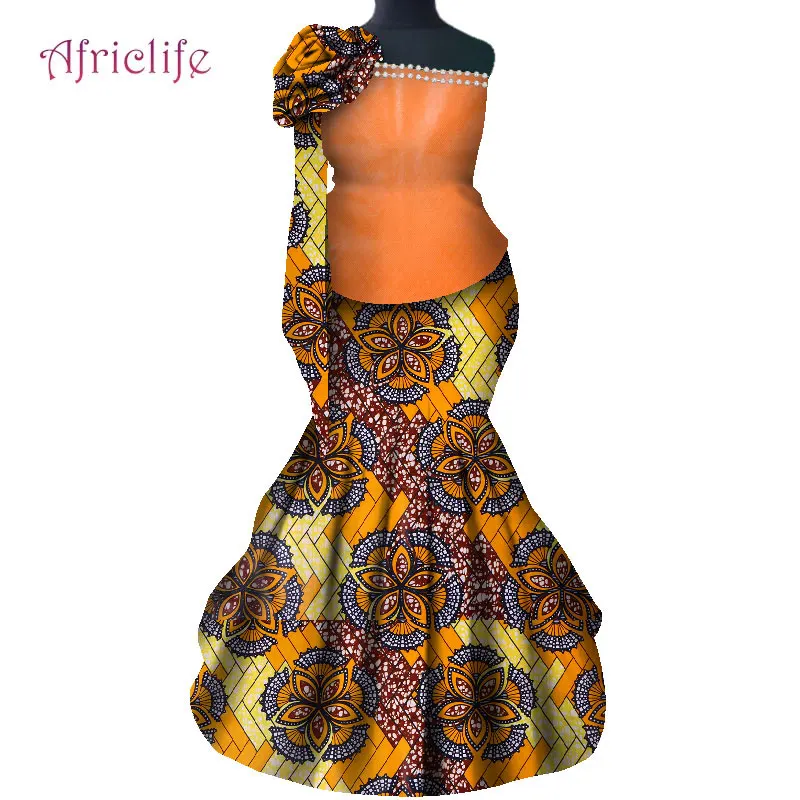 Women Evening Party Wedding Skirt Suit Sleeveless Shoulder Flower Pears Decoration Slim Top and Hip Floor-length Skirt  WY8045