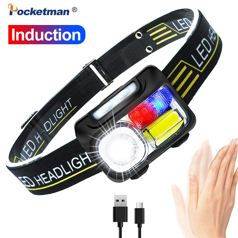 

Headlamp Rechargeable LED Headlights with Motion Sensor 5 Modes Waterproof Head Lamp with White Red Blue Light for Camping