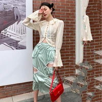 lanmrem high stretch green double layer pleated hollow lace long skirt womens fashion trend new spring 2022 2e1242