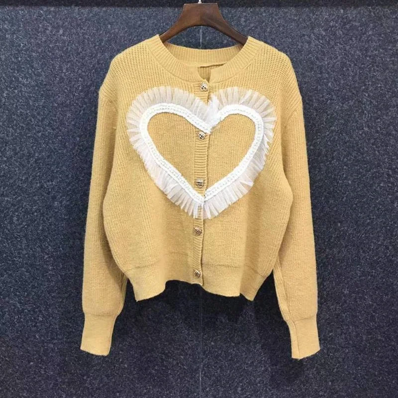 

High Quality Cardigans 2021 Autumn Winter Fashion Knitwear Women Sweetheart Lace Beading Deco Long Sleeve Apricot Black Cardigan