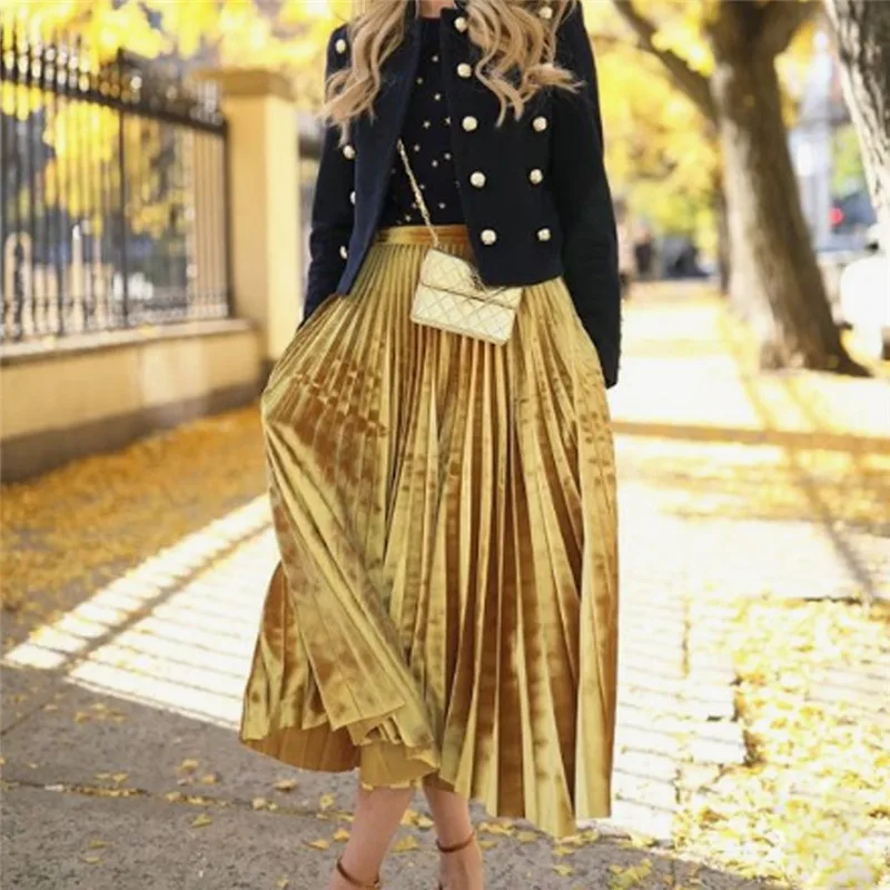 

New Spring 2020 Women Long Metallic Silver Maxi Pleated Skirt Midi Skirt High Waist Casual Party Skirt Vintage Autumn Warm Skirt