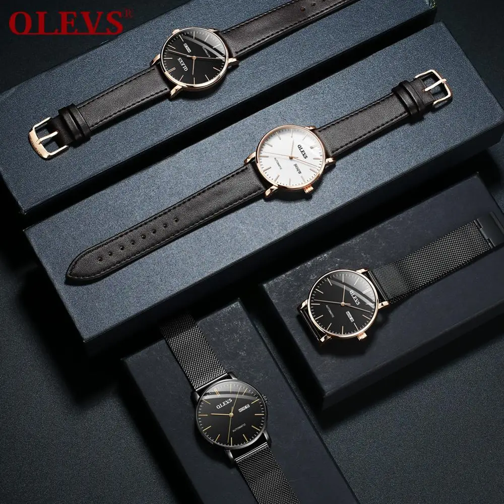 

OLEVS Brand Mens Automatic Mechanical watches Switzerland Wristwatch Business Waterproof Leather and Mesh Strap Mens Watch
