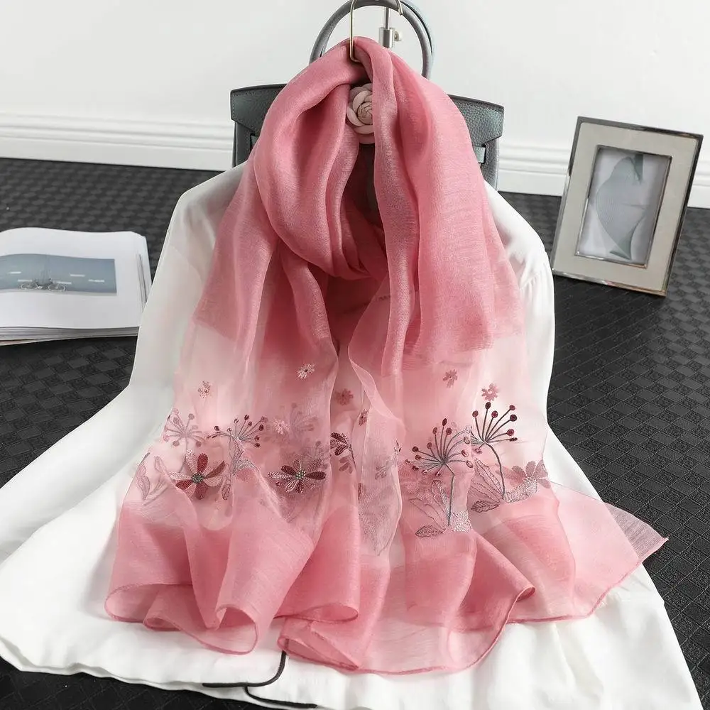 

2021 Spring New All-match Real Silk Scarf Women Silk Wool Blended Floral Embroidery Scarf Elegant Shawl Wholesale