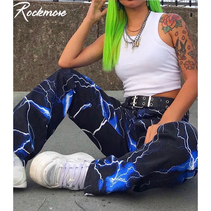 Rockmore с принтом молнии женские брюки-карго штаны для уличного бега Harajuku синие брюки с высокой талией широкие брюки Femme Большие размеры