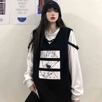 2021women preppy suit extra large size black vest white tshirt two piece hong kong style loose anime print long sleeved top