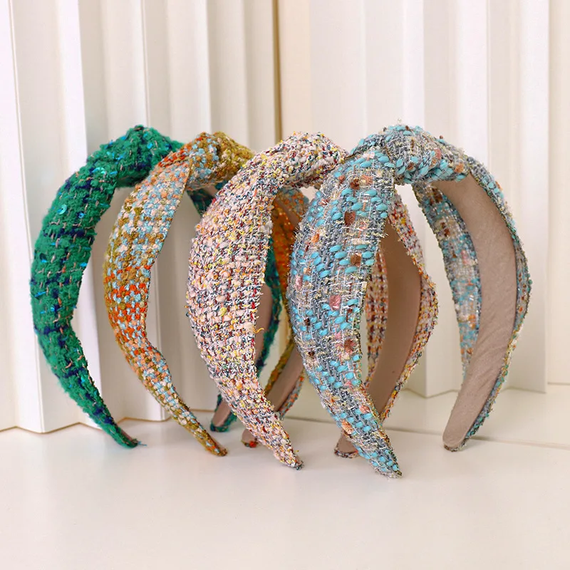 

2021 New Retro Fashion Headband Woolen Cloth Knitted Hairband Handmade Cross Wide Hair Accessories Women Hair Wash Face Headwear