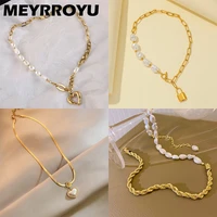 meyrroyu stainless steel romantic pearl heart pendant necklace for women 2 color choker 2021 trend party gift fashion jewelry