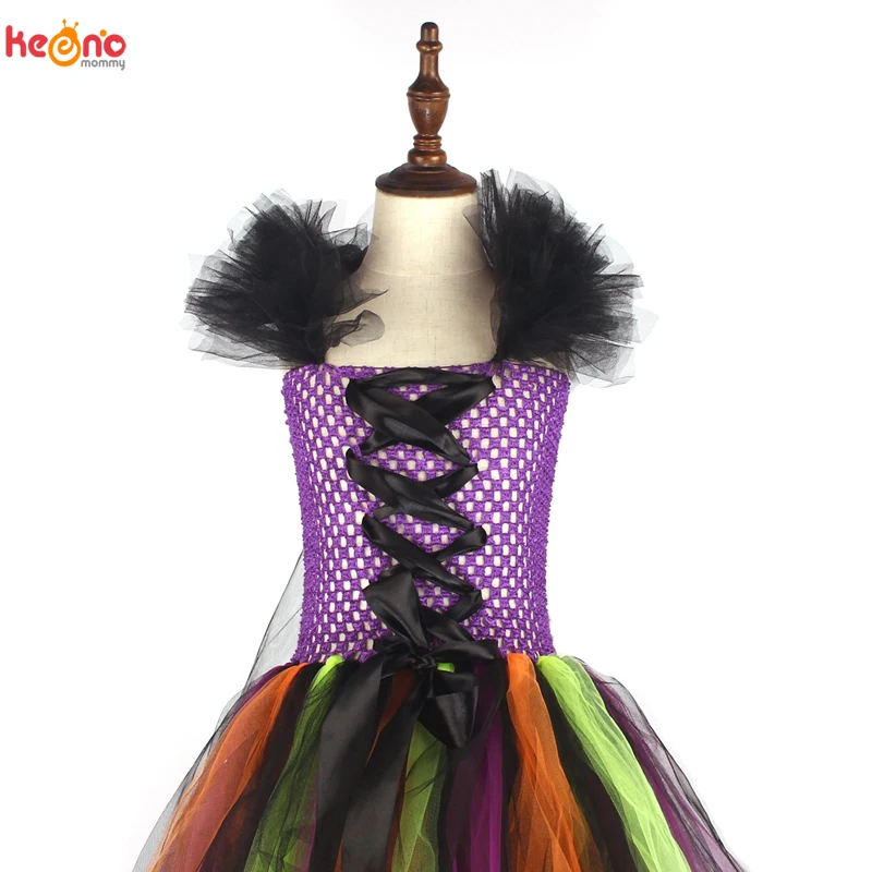 Girls Halloween Witch Tutu Dress Rainbow Trailing Tulle Kids Carnival Cosplay Party Dress Children Fancy Ball Gown Dress Costume