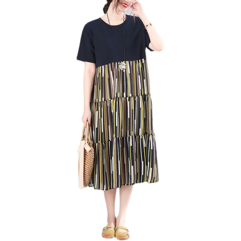

COIGARSAM 4XL Plus Size Patchwork Women dress New Summer Chiffon Striped Short Sleeve Dresses 3066