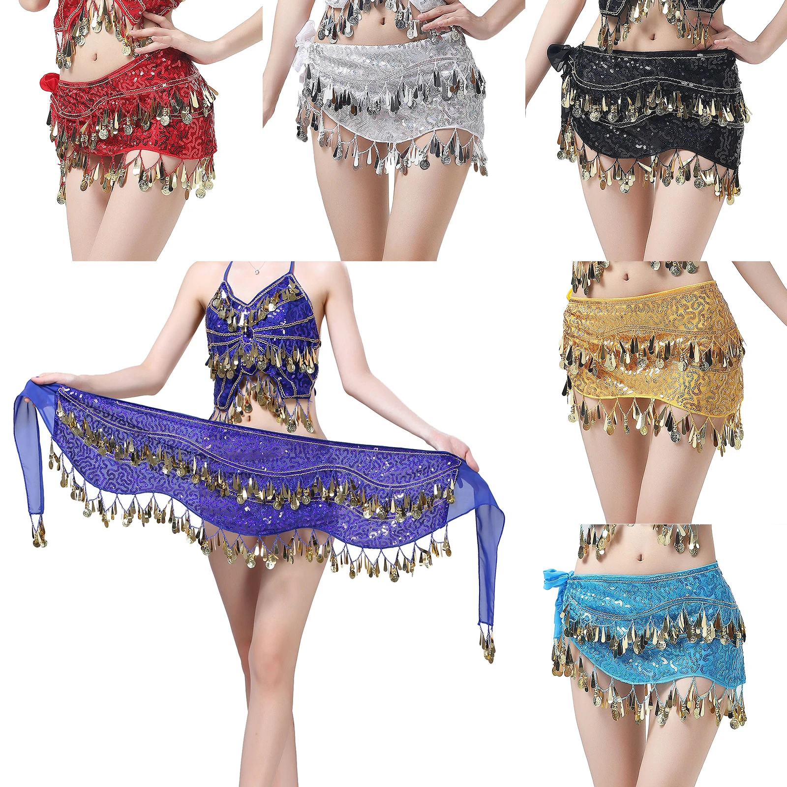 

Women Sequins Belly Dance Hip Scarf Tassel Coins Chiffon Wrap Dance Costumes