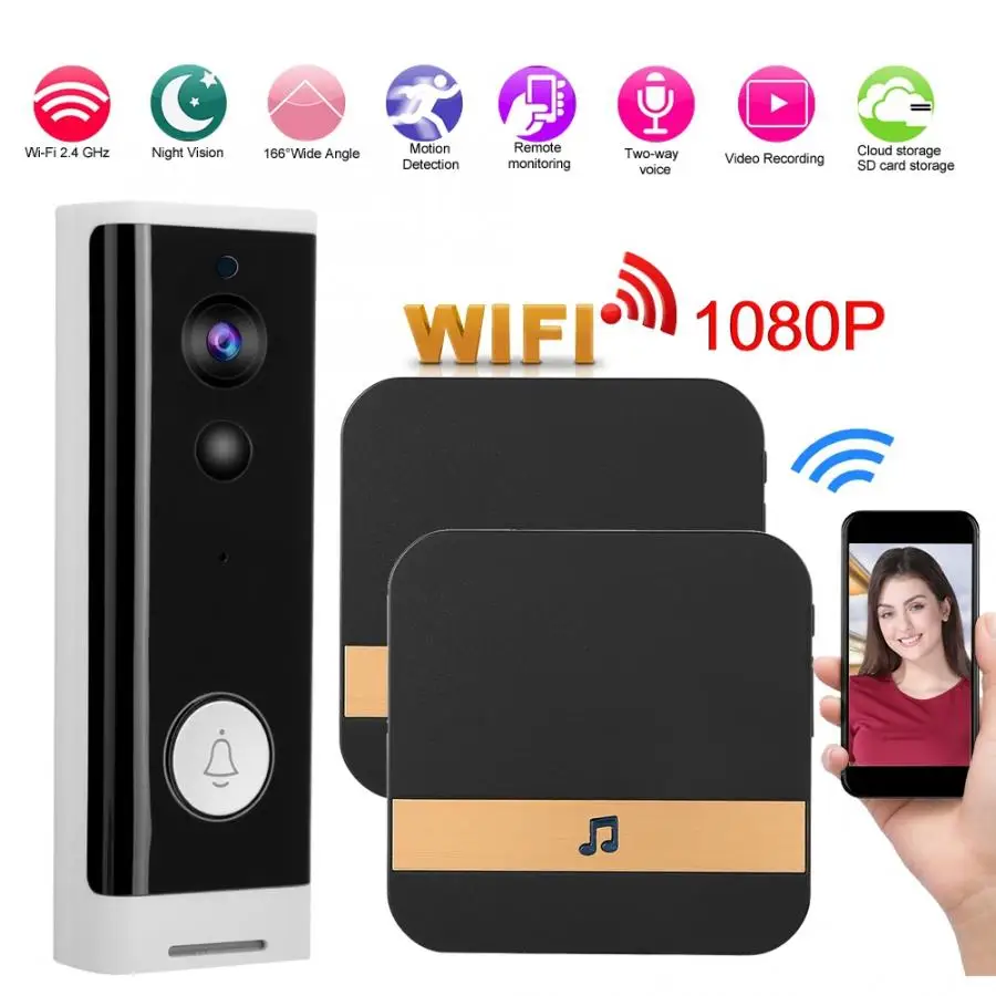 1080P HD беспроводной wifi дверной звонок IR-CUT домофон дверной звонок ночного видения умный видео дверной телефон 90-260 в домашняя система безопасности
