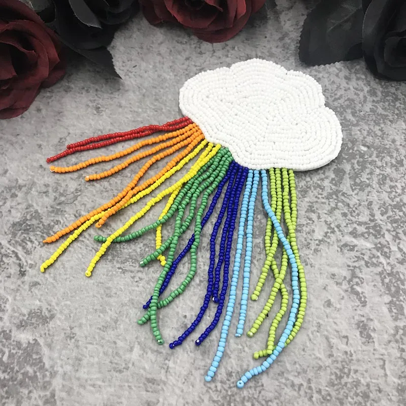 DIY Bead Embroidered Color Cloud Tassel Patches for Clothes Sew on Rhinestones Parches Appliques Decoration Badges Stripe