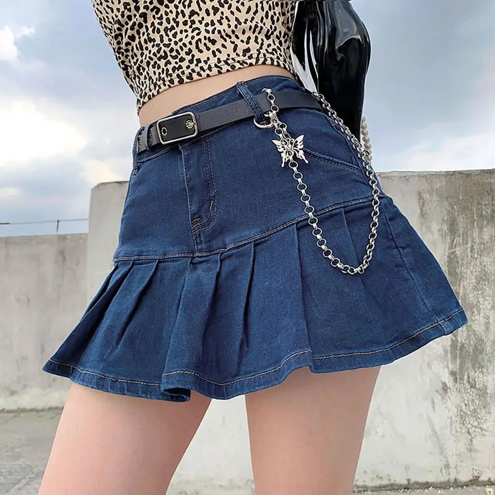 

Hot Sales!!!Mini Skirt High Waist Pleated Denim Women Solid Color Stretchy A Line Skirt for Party