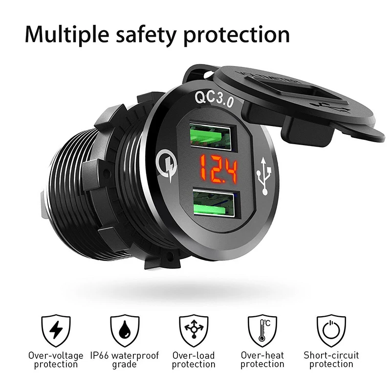5V 3A Dual USB Car Charger QC 3.0 Cigarette Lighter Socket Splitter Quick Charger Power Adapter Outlet 10A Fuse Metal DC 12V/24V