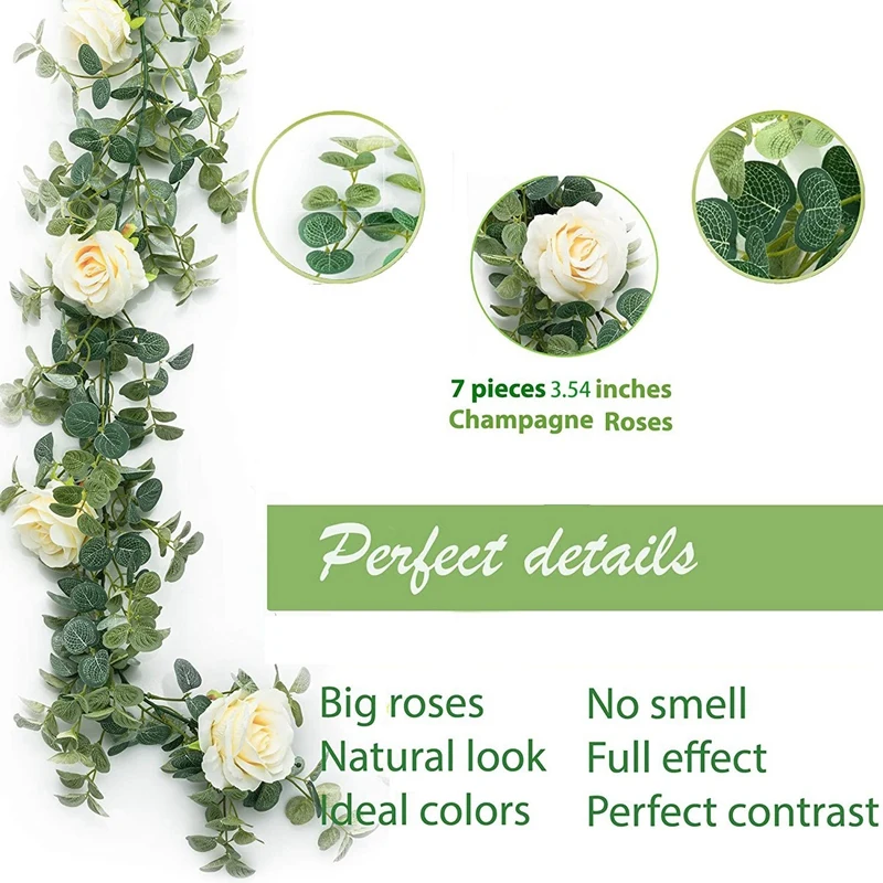 

2PCS Artificial Eucalyptus Garland with Champagne Roses Flower Hanging Greenery Garland for Wedding Backdrop Table Decor