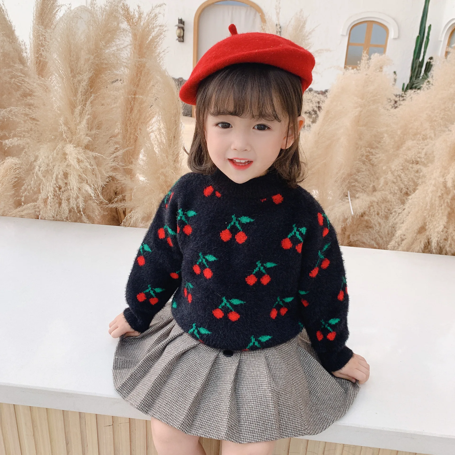 

Retro Cherry Knitting Kids Sweaters Spring Winter Baby Boys Girls Warm Tops Bottoming Children Clothes High Quality