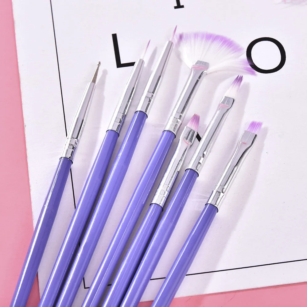 

7Pcs Purple Suit Nail Art Brush Manicure Gel Brush Color Painting Pen Photoidal Carved Pen Fan-shaped Point Diamond Pen Tools