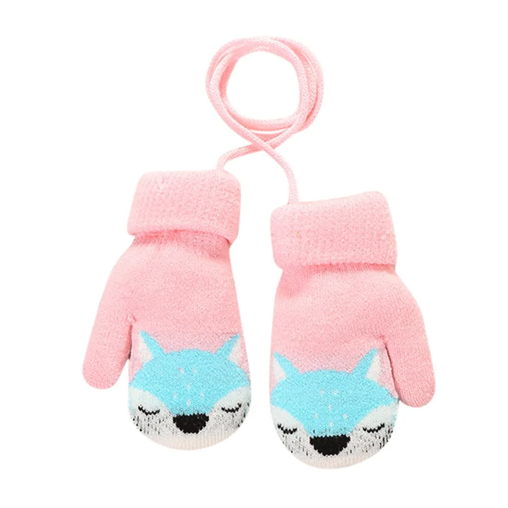 Детские варежки зимние вязаные перчатки с веревкой напечатанными пальцами