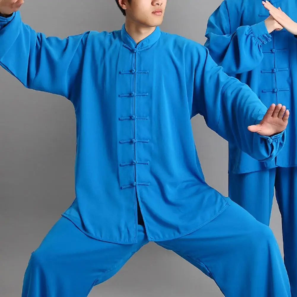 

2Pcs/Set Unisex Button Placket Shirt Loose Solid Color Chinese Traditional Tai Suit Kung Chinese Kung Fu Exercise Suit